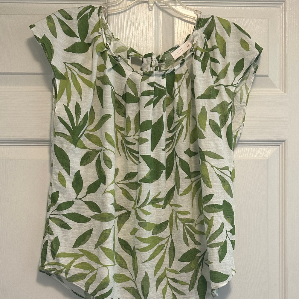 LC Lauren Conrad White Blouse with Green Leaf Print and Tie Back